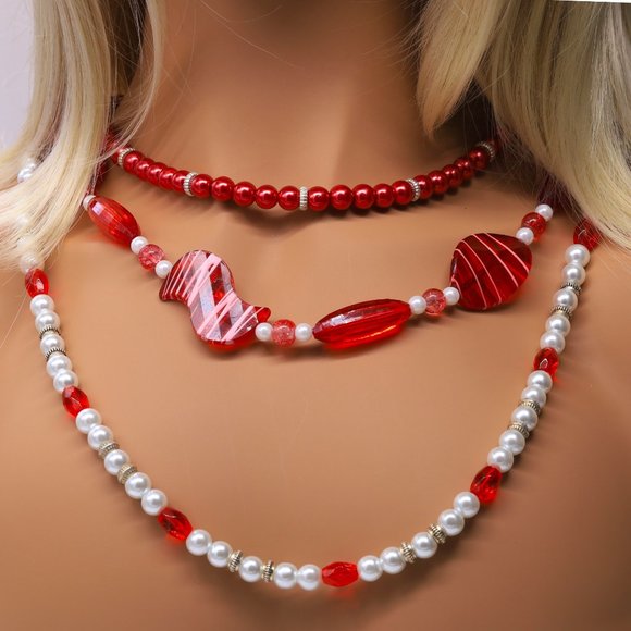 My Bead Emporium Jewelry - Three strand red and white necklace.